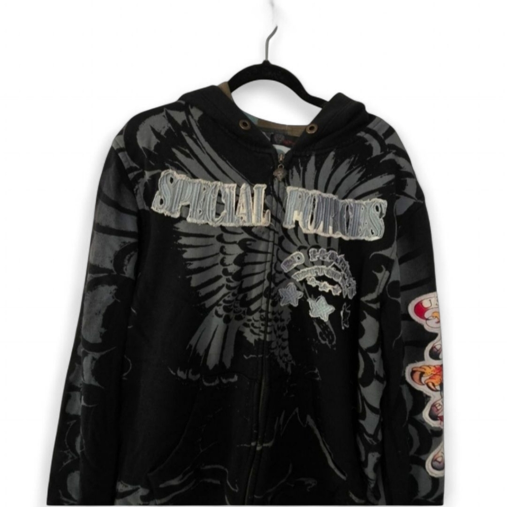 Ed Hardy Vintage "USMC Special Forces" Patchwork All Over Print Hooded Jacket.